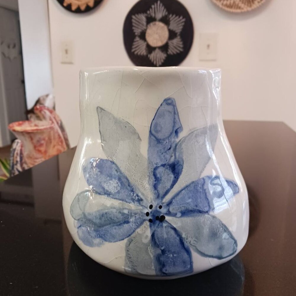 South African Blue and White Wonki Ware Pottery Vase 6"